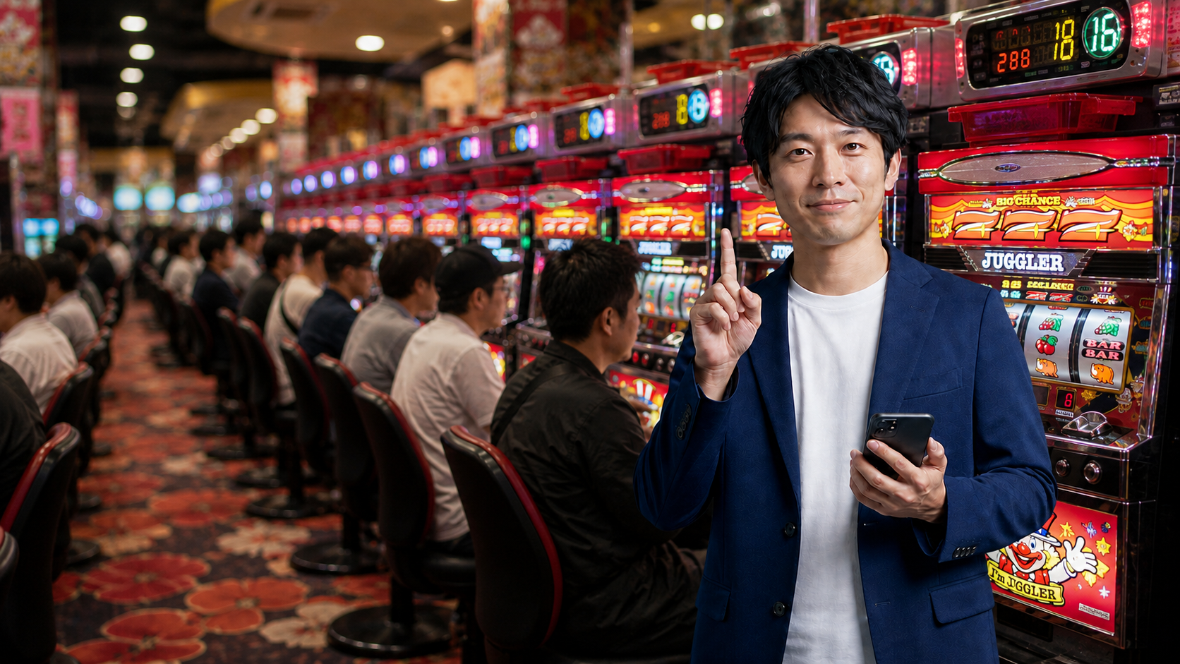 スマートフォンを持ち判断のポイントを示す男性