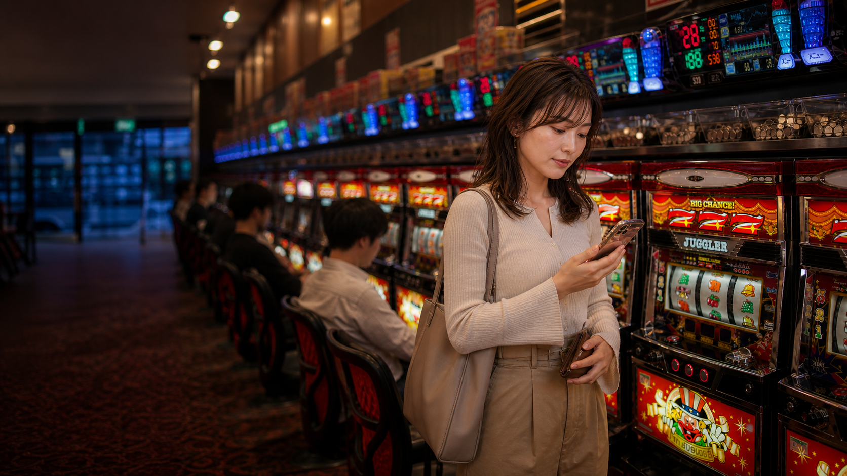 ジャグラーの台を見ながらスマートフォンで判定する女性