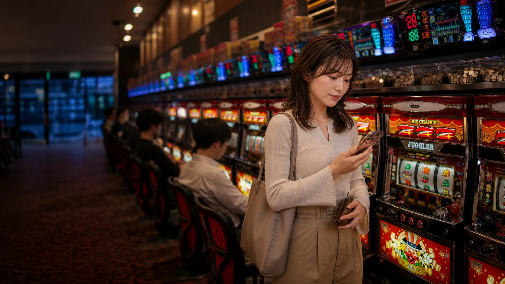 ジャグラーの台を見ながらスマートフォンで判定する女性