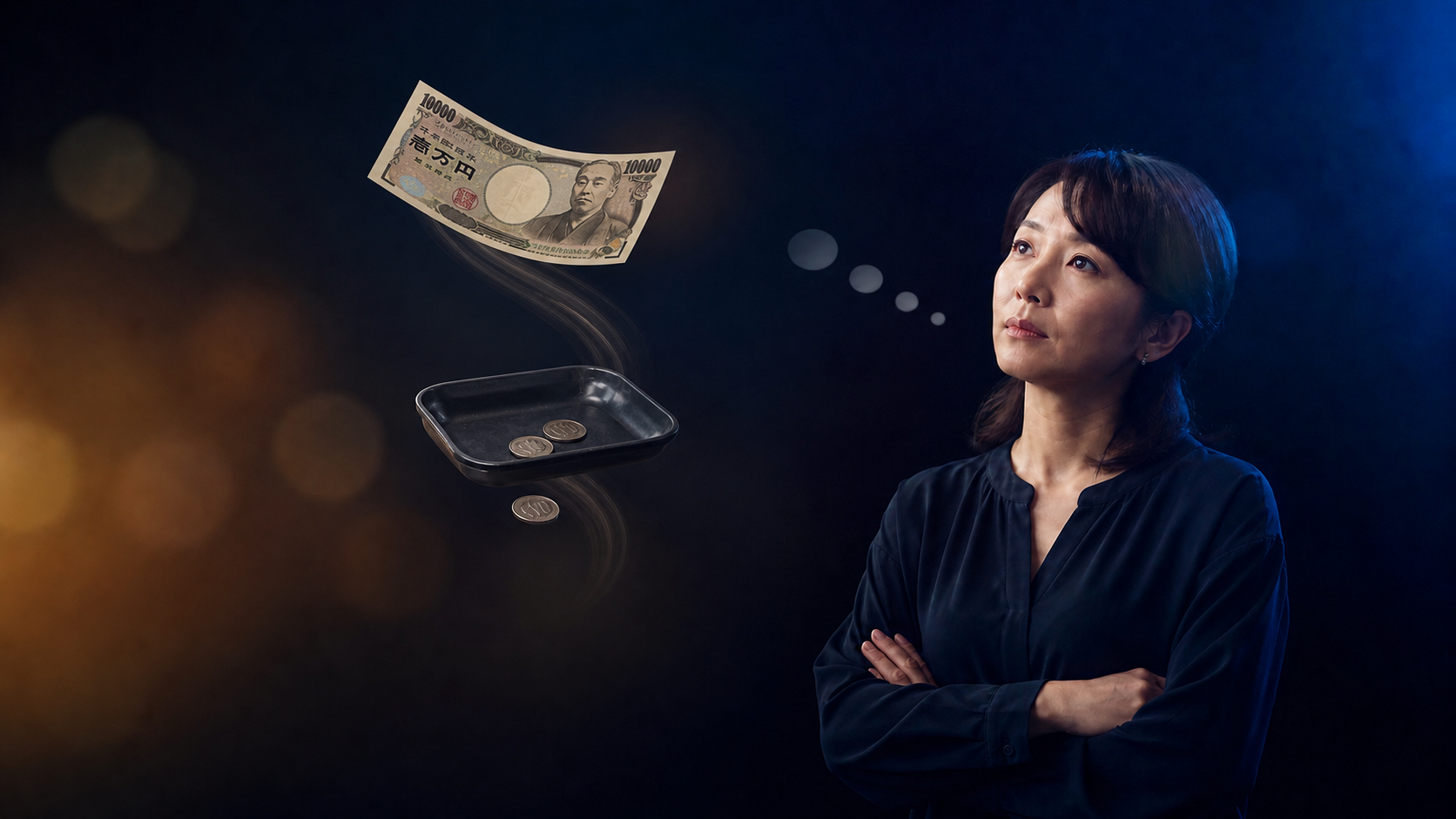 少ない持ちコインと一万円の投資について考える女性