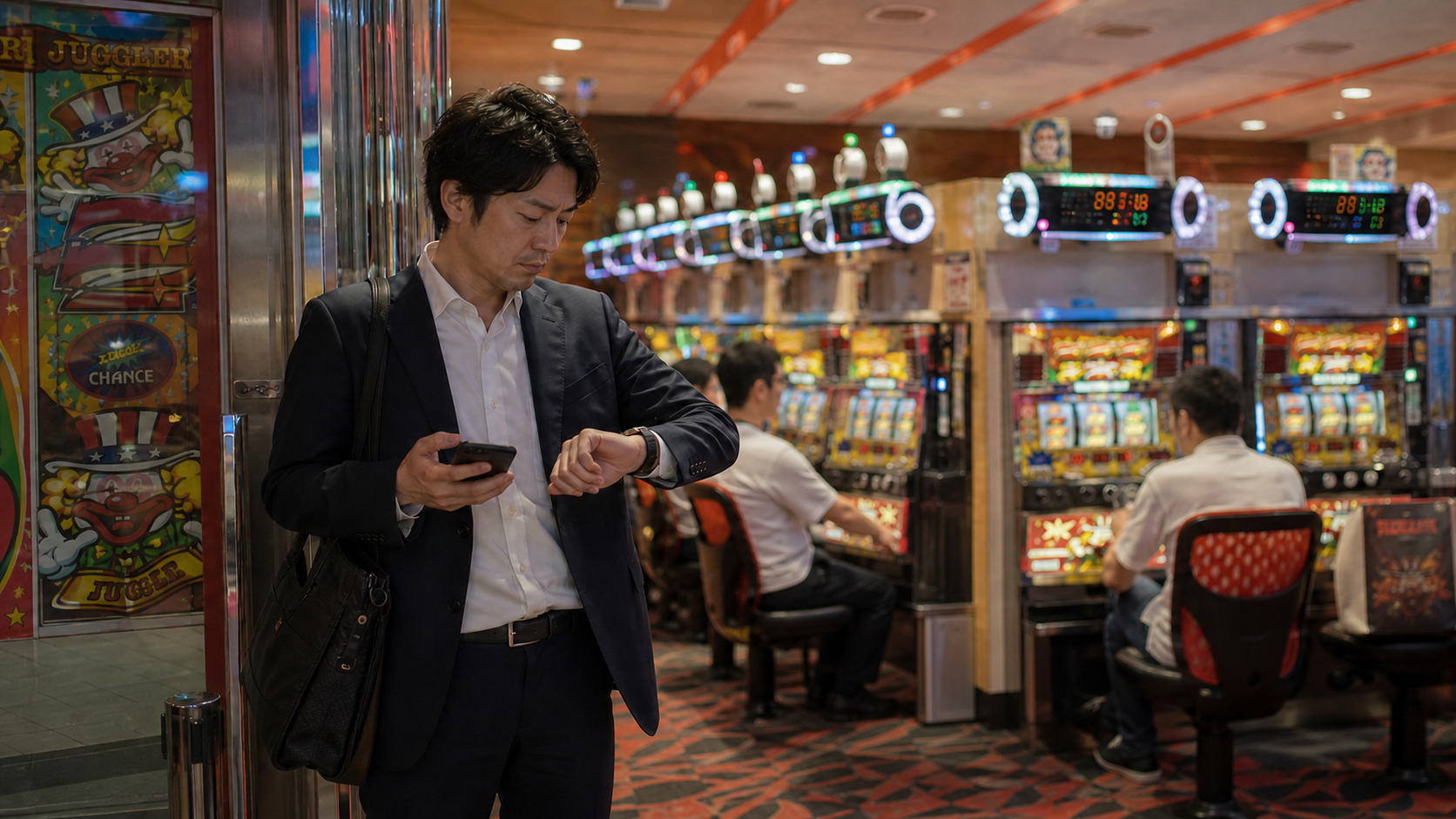 仕事帰りに時刻を確かめながらホールへ立ち寄る男性