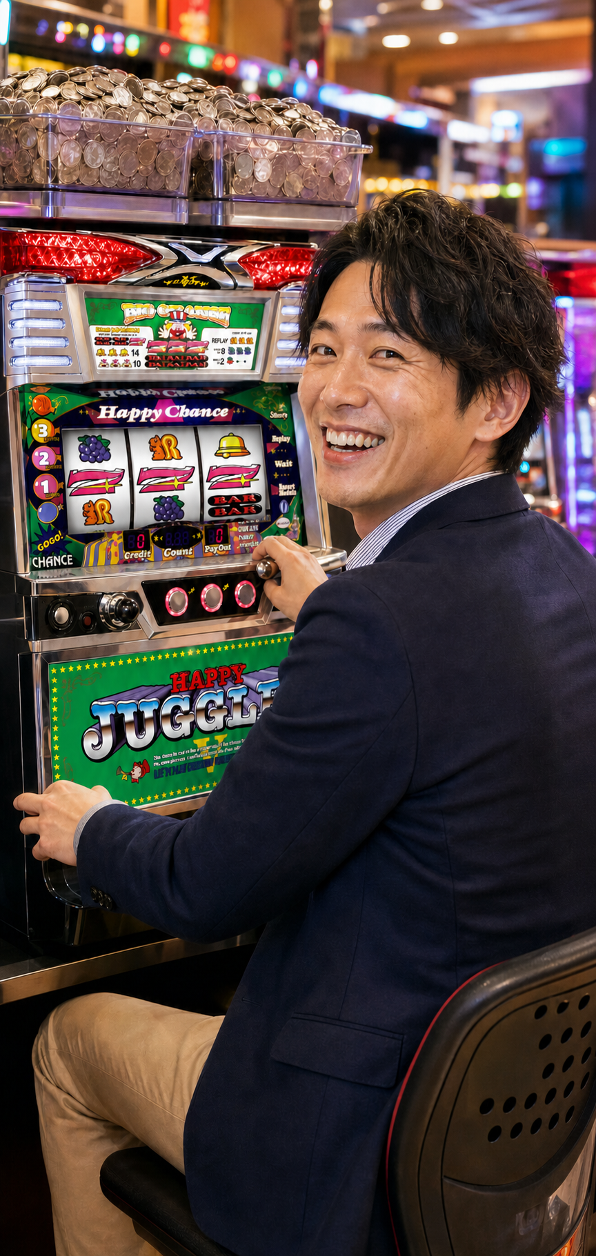 仕事帰りにジャグラーを楽しむ日本人男性と、コインが詰まった箱